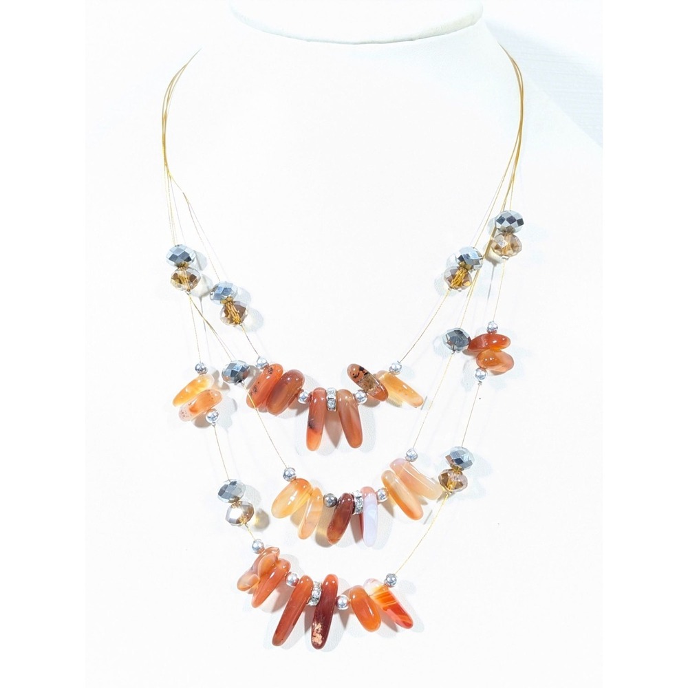 Boho Brown Stone Bead Glass Multi Wire Statement Necklace 20"